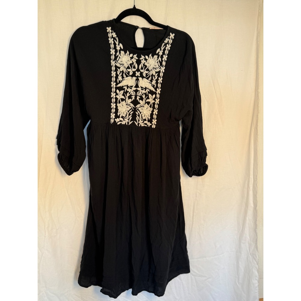 Knox Rose Black Embroidered Bird Floral Prairie Mini Dress XS